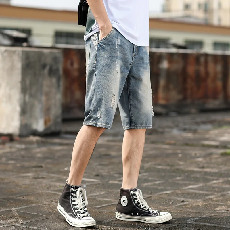Свободные Ретро рваные джинсы мужские корейские модные брюки большого размера с