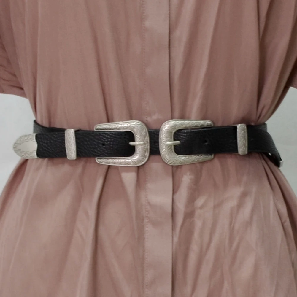 Для женщин богемный ремень Винтаж Металл кожа двойной пряжки ремня пояс Ceinture Femme