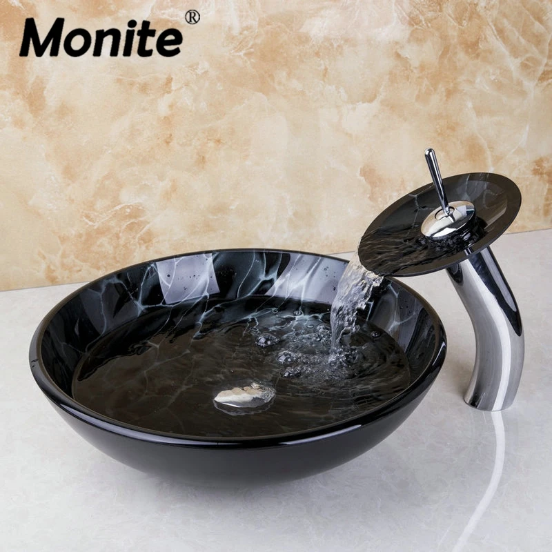 

Monite Black Hand Painting Artistic Basin Sink Washbasin Counter Glass Sinks with Faucet Sink Sets Thunder lightning figure