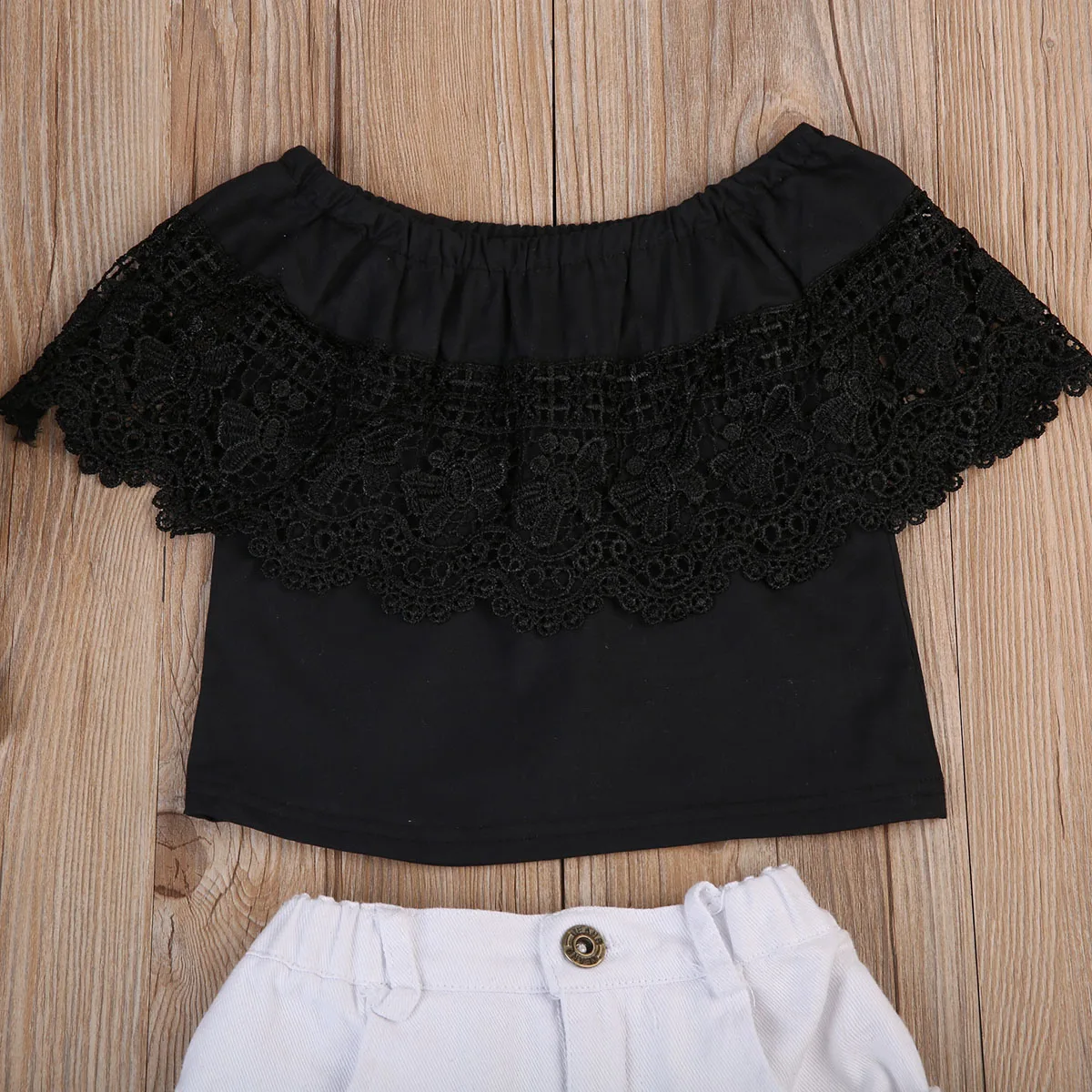 2017 детские кружевные топы с открытыми плечами для маленьких девочек кружевной топ и рваные джинсы розами