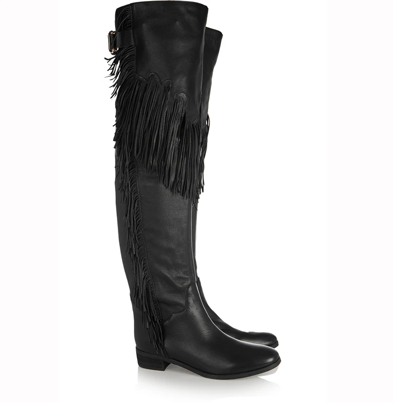 Женские черные коричневые сапоги выше колена на плоской подошве с кисточками