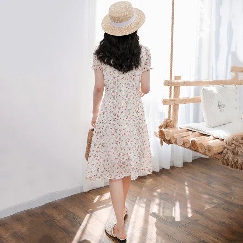 French Flower Dresses 2019 Summer Vintage Knee-length A-line Elegant Mori Girl Print Woman Cloth V-neck Dress | Женская одежда