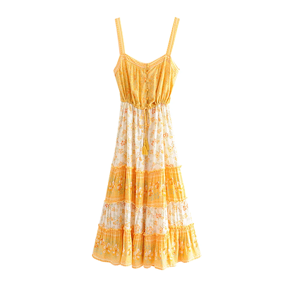 Bohemian Strap Slip Dress Yellow Floral Print Women Sleeveless Midi Boho Hippie Chic Beach Party Wear Dresses Summer | Женская одежда