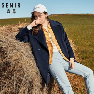 Женское двубортное полупальто SEMIR до колена, длинная куртка с косым карманом и шелковой подкладкой, с широким рукавом, 100%