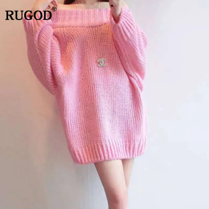 Новинка длинный женский свитер RUGOD с открытыми плечами однотонные свободные