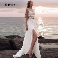 eightale beach wedding dresses o neck appliques lace top chiffon skirt high side split bride dress boho wedding gowns 2019