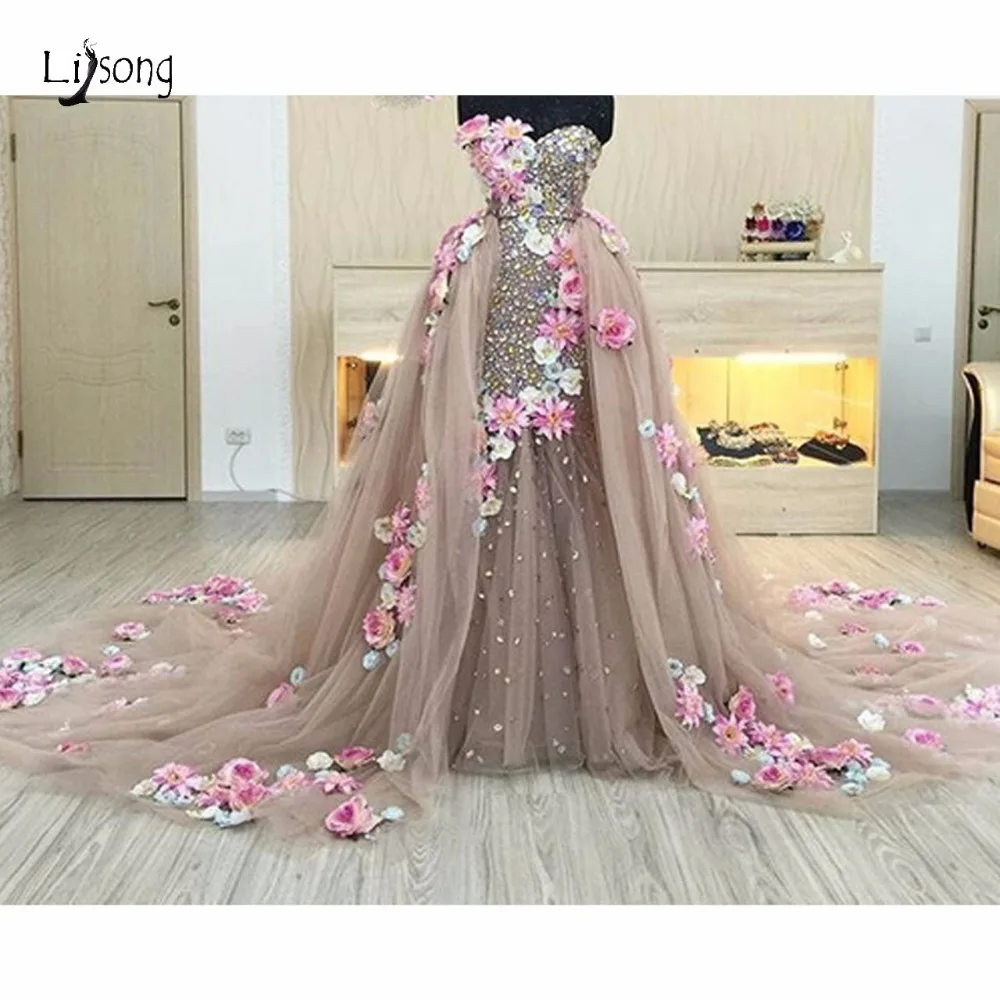 

Saudi Arabic Crystal 2 Pieces Evening Dresses With Detachable Train 3D Flower Evening Gowns Beaded Party Gown Abendkleider