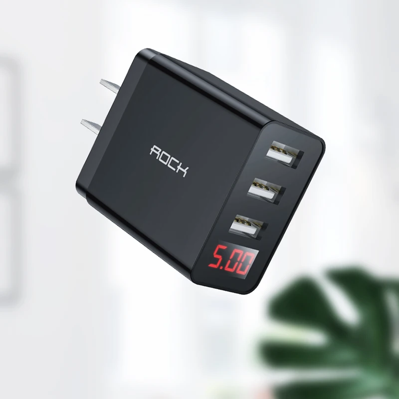 BLACK ROCK 3 Port USB Phone Charger LED Display EU Plug Total Max 3.4A Smart Fast Charger Mobile Wall Charger for iPhone iPad Samsung - Plug Type: BLACK