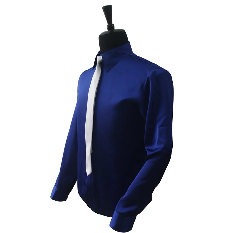 Фото Retro MJ Michael Jackson Smooth Criminal Bule Shine Shirt & Tie Thread Gluing Performance Halloween Show Clothing No Button №4