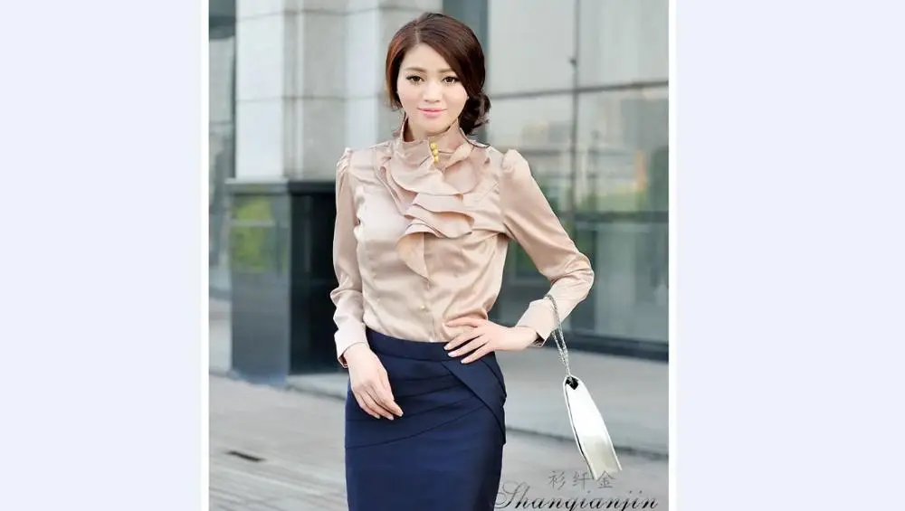 Beige gray La MaxZa, женские Рубашки, Топы, весна, длинный рукав, искусственный шелк, оборки, синий, фиолетовый цвет, блузка, деловая, для девочек, OL, рубашка, tunique femme - Цвет: Beige gray