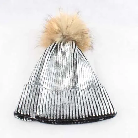 Зимние шапки из меха норки для женщин, розовые женские шапки Skullies Beanies с натуральным мехом енота, шапка с помпоном, Женская Вязаная Шапка-бини - Цвет: Серебристый