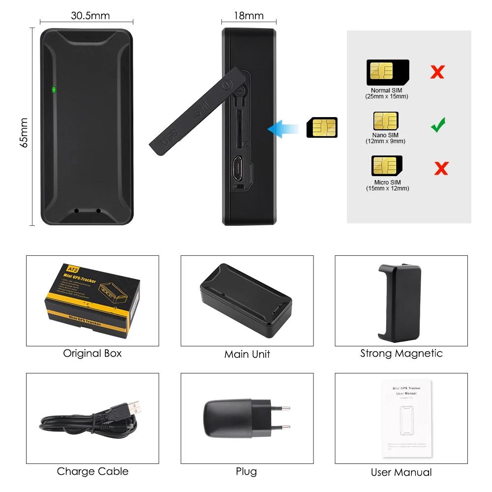 

Mini GPS Tracker Car Tracker Auto Locator AT2 Car GPS Tracker Device GPS+LBS+WIFI Positioning Voice Monitor Real-time Tracking