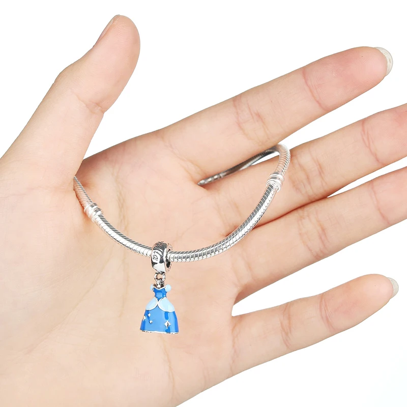 925 Sterling Silver Jewelry Blue Enamel Cinderella Dress Dangle Pendant Charm Fits Pandora Bracelet Necklaces XGPA156 | Украшения и
