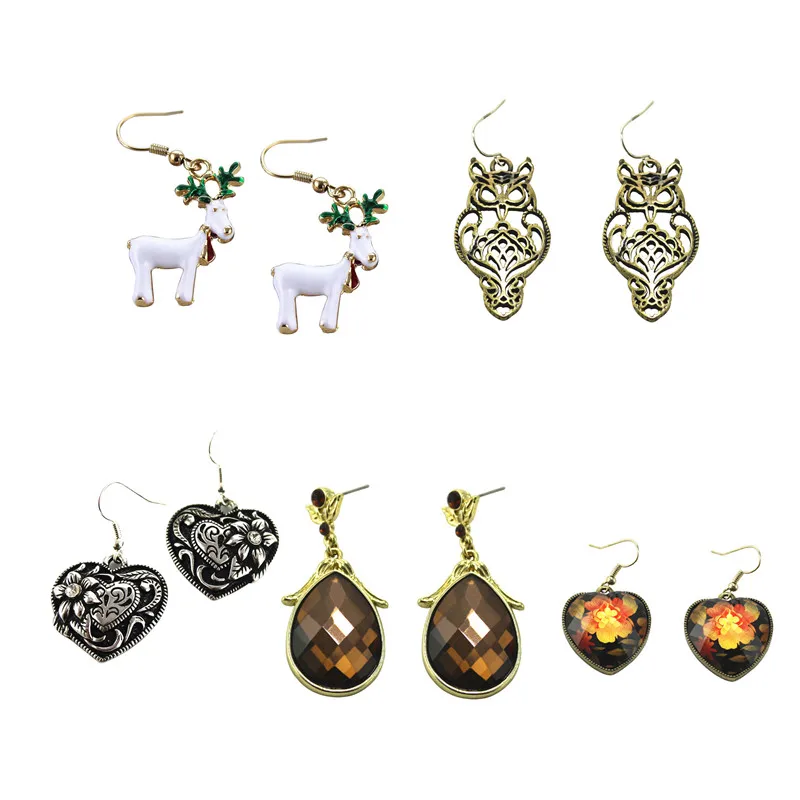 XQ покрытием древнего цвета цветок резные в форме сердца женские серьги животное