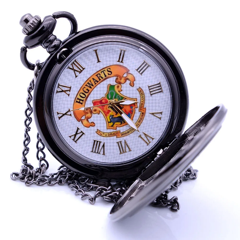 Ретро бронзово-черный карманный кварцевый часы аналоговый кулон Хогвартская Школа Чудес H цвета для мужчин и женщин.