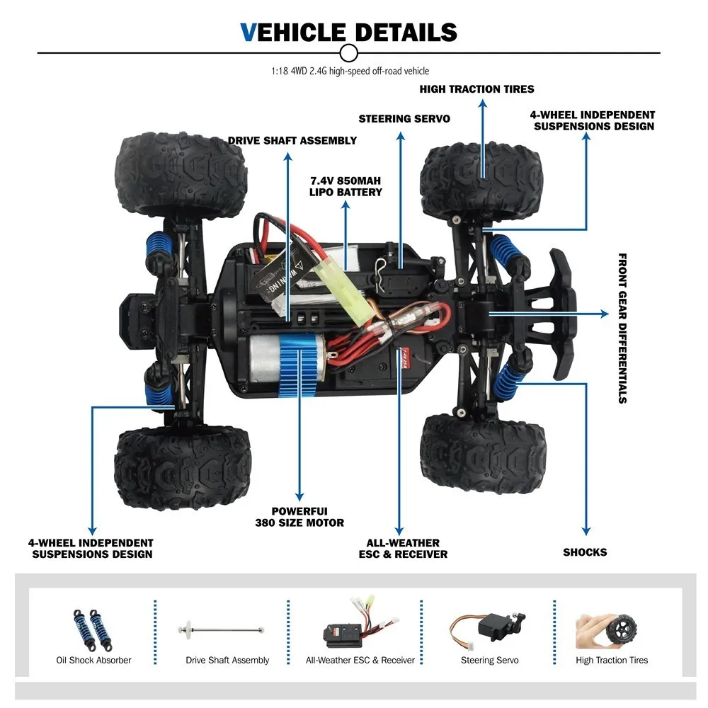 Радиоуправляемая машина 4WD внедорожник 2 4 ГГц Высокая скорость 50 км/ч 1:18 гоночный