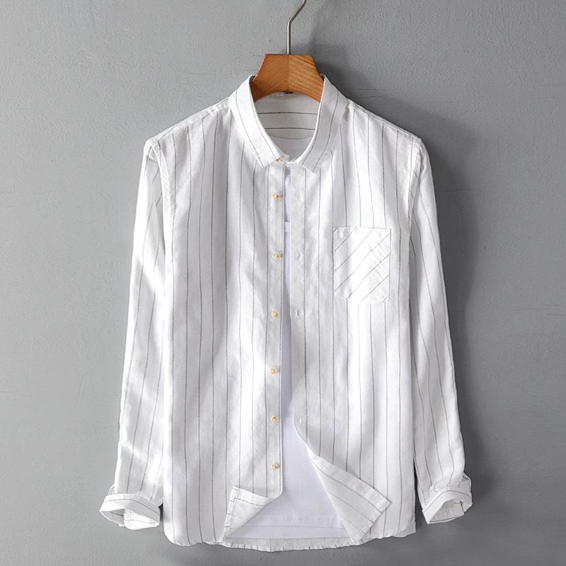 

New brand men's linen striped shirt casual loose mens shirt fashion long sleeve flax male shirts stripes clothing chemise camisa