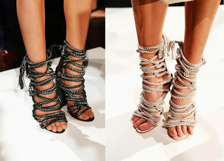 

Real Picture ladies sandals Chain Rope Lace Up Sandals Women Lace-up High Heel Party Dress Shoes Cut-out Strap Sandals Boots