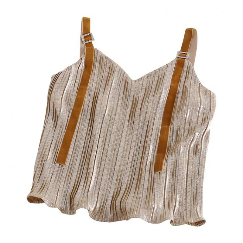 Product 2019 Fashionable Sexy V collar Hidden Back Pleated Loose Sleeveless Suspender with Bright Silk Top | Женская одежда