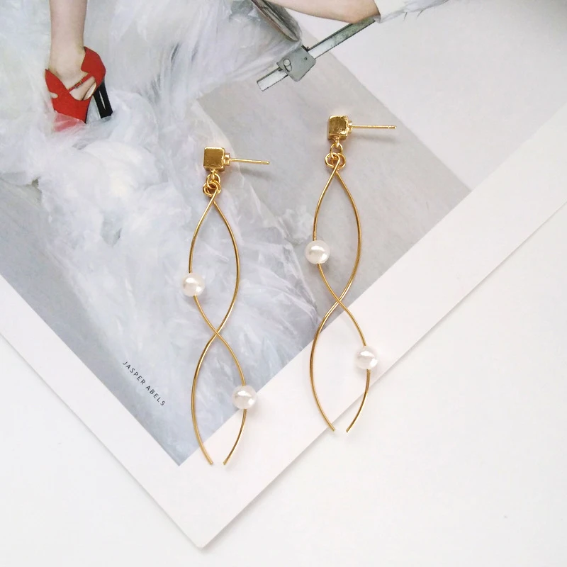 Женские винтажные серьги с искусственным жемчугом Необычные волнистые длинные