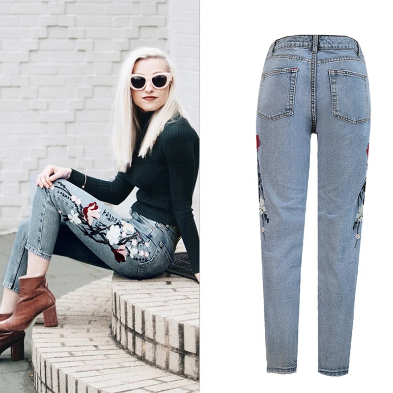 Vintage Denim Capri Embroidered Flowers Mom jeans Boyfriend Jeans with High Waist for Women's plus size | Женская одежда