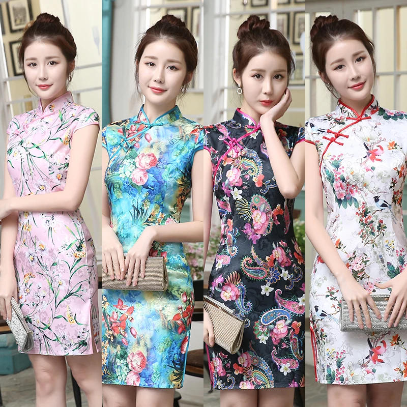 SHENG COCO новые атласные женские традиционные китайские платья Cheongsam Vestido с принтом стоячий воротник с коротким рукавом шелкового размера плюс 4XL