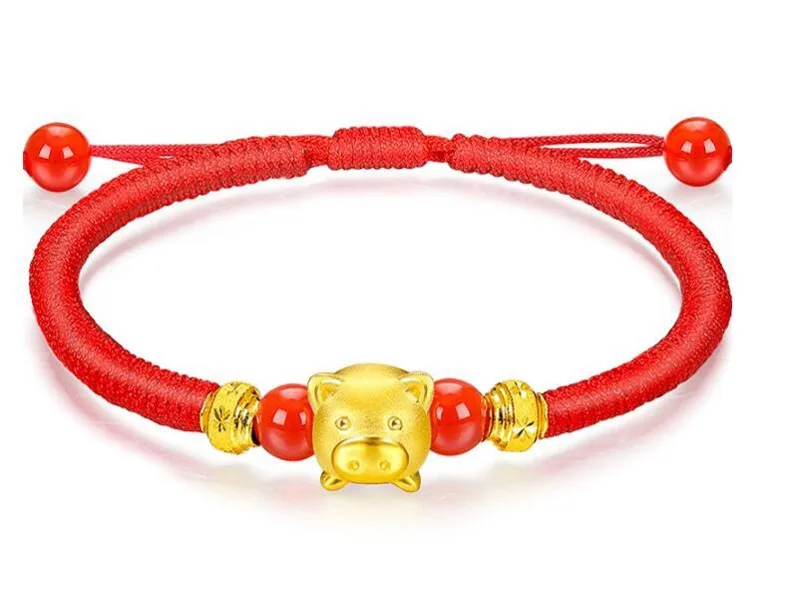 Pure 24K 999 Yellow 3D Gold Year of the Pig Bracelet Luck Zodiac Weaving Rope For Women Baby Female 16cmL Jewelry | Украшения и