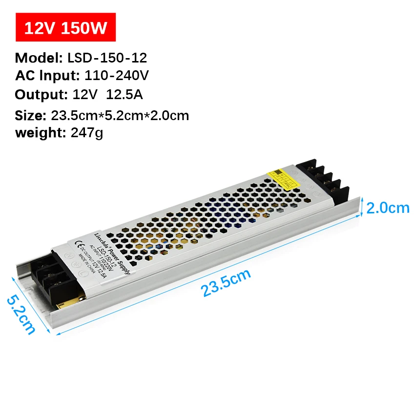 Ультра тонкий светодиодный Питание DC12V трансформаторы 100W 150W 200W 300W AC110-240V драйвер для Светодиодный полоски - Цвет: 12V 150W