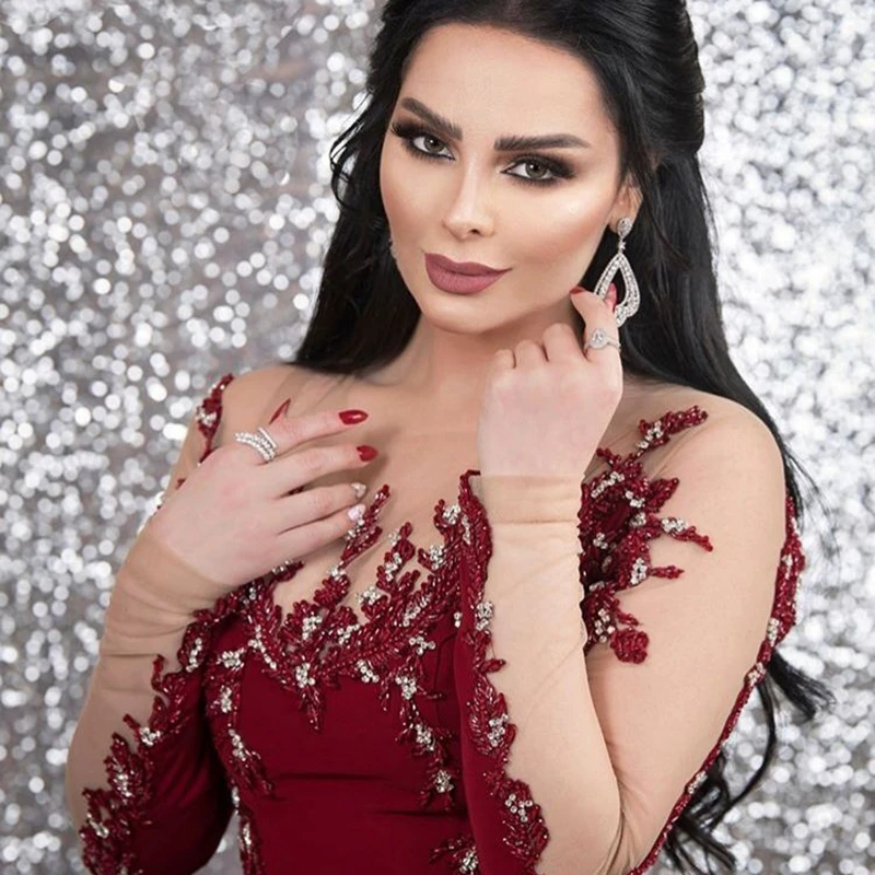 Женское вечернее платье-русалка бордовое длинное платье с длинным рукавом в