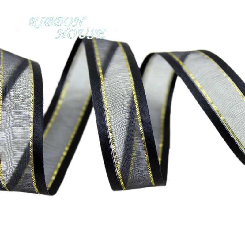 20 мм черные ленты из органзы с золотыми краями оптовая продажа декоративные для