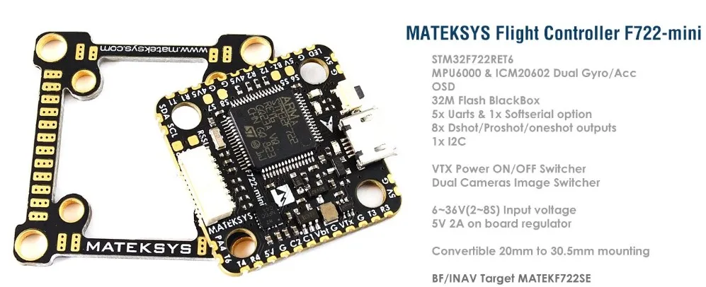 

Matek Systems F722-Mini Flight Controller OSD Dual Gyro/Acc 32M Flash 5V/2A BEC for FPV racing drone quadcopter accessories