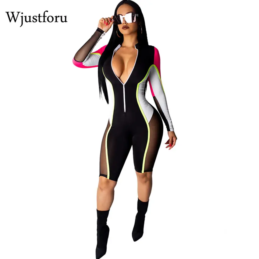 Женский сетчатый комбинезон Wjustforu Облегающий из ПУ и золотого цвета на молнии