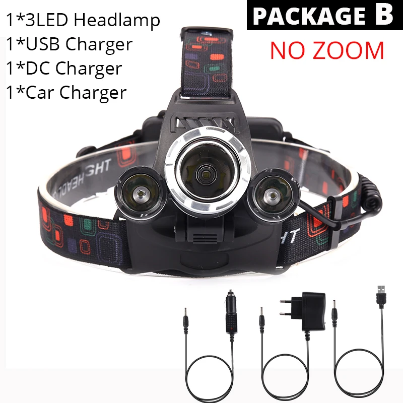 Package B XM-T6x3 светодиодный фонарик с зумом, 5 светодиодный фонарь для кемпинга, рыбалки, налобный фонарь, 2*18650 аккумулятор/AC/Car/Usb/зарядка - Emitting Color: Package B