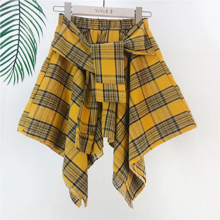 WKOUD Женские клетчатые юбки с принтом, асимметричные летние рубашки, юбки с эластичной талией, мини-юбки в студенческом стиле, Jupe Femme DK6054