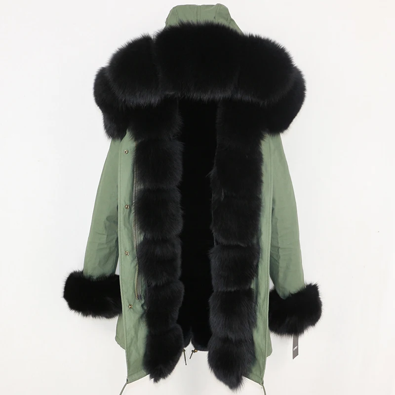 green black OFTBUY, зимняя женская куртка, пальто из натурального меха, Длинные парки, Воротник из натурального Лисьего меха, капюшон, Толстая теплая верхняя одежда, уличная одежда, съемная - Цвет: green black
