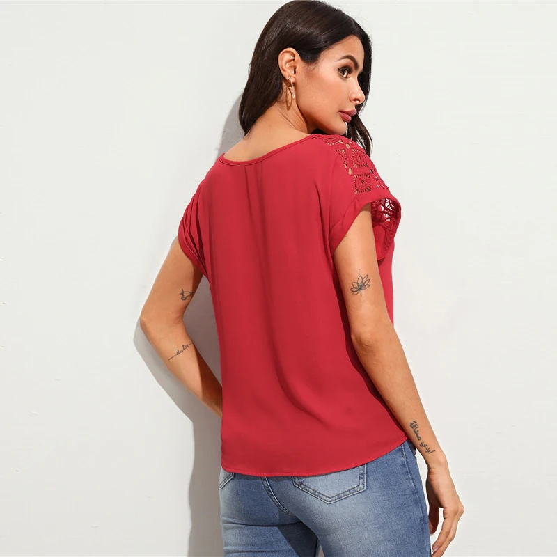 SHEIN белая гипюровая кружевная хомут с закатывающимися рукавами туника топ открытая блузка женская летняя элегантная Офисная Женская рабочая одежда Топ Блузки