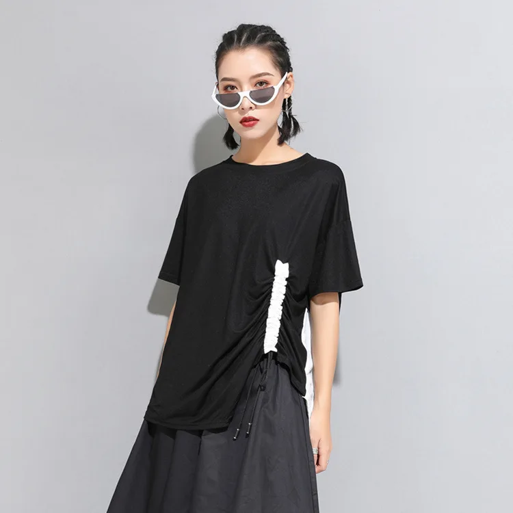 Асимметричная женская летняя новая модная белая черная Лоскутная футболка