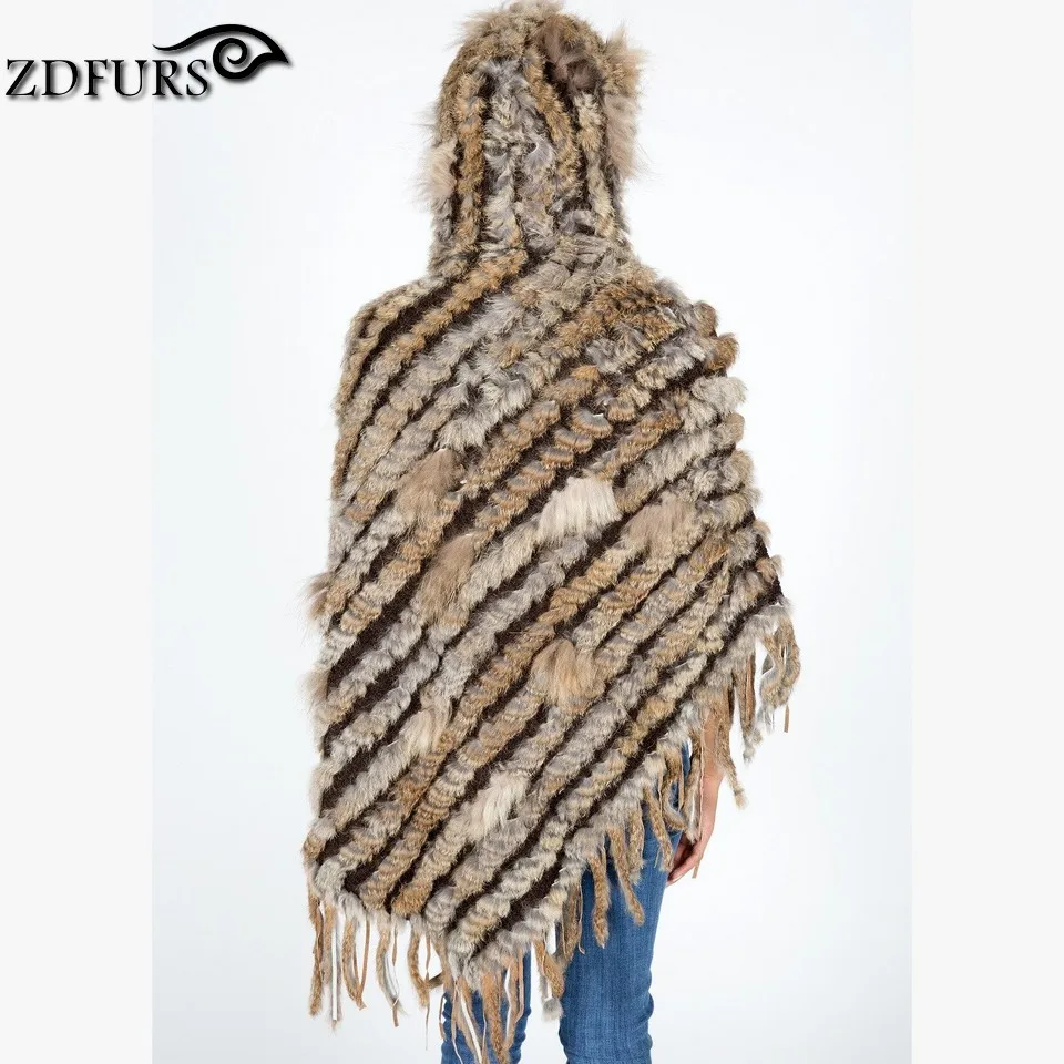 ZDFURS* Горячая Распродажа, Вязаное пончо из кроличьего меха с капюшоном, женская вязаная накидка из кроличьего меха, накидка с капюшоном, ZDKR-165007