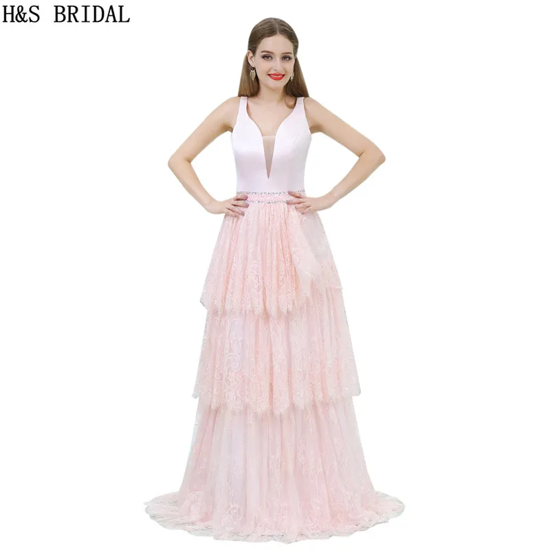 

H&S BRIDAL Lace prom dresses 2017 V Back With Straps Floor Length prom dress long dress elegant evening robe de mariee