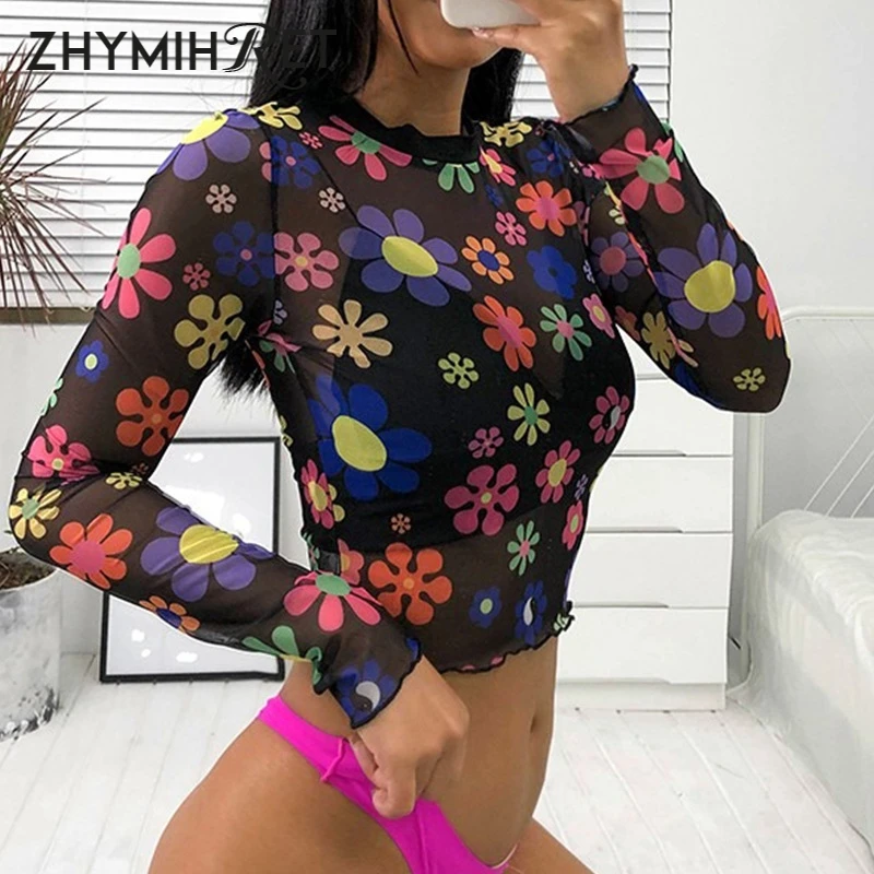 Женская футболка ZHYMIHRE прозрачная с длинным рукавом и цветочным принтом