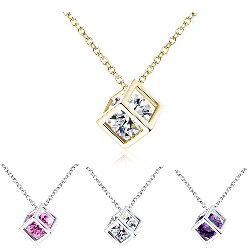 

Exquisite Square Rubik's Cube Shape Crystal Three-dimensionalPendant Necklace CZ Women Females Chocker Clavicle Candy Jewelry