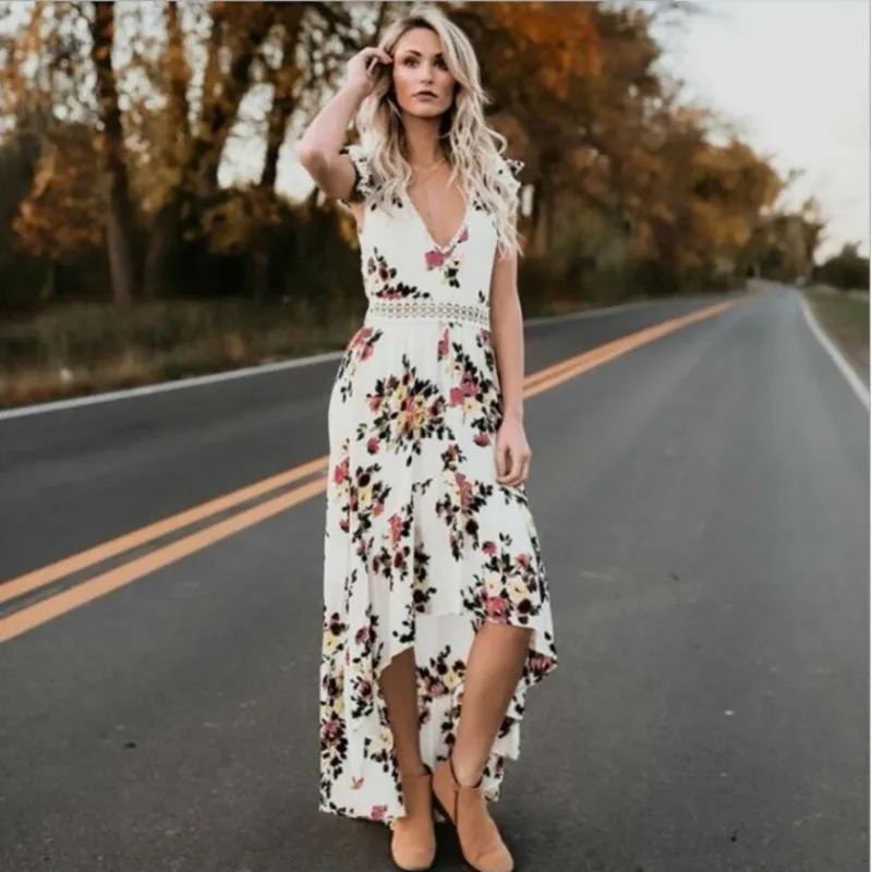 Ciysty Цветочный принт кружево Boho Макси платье пикантные глубоким v-образным