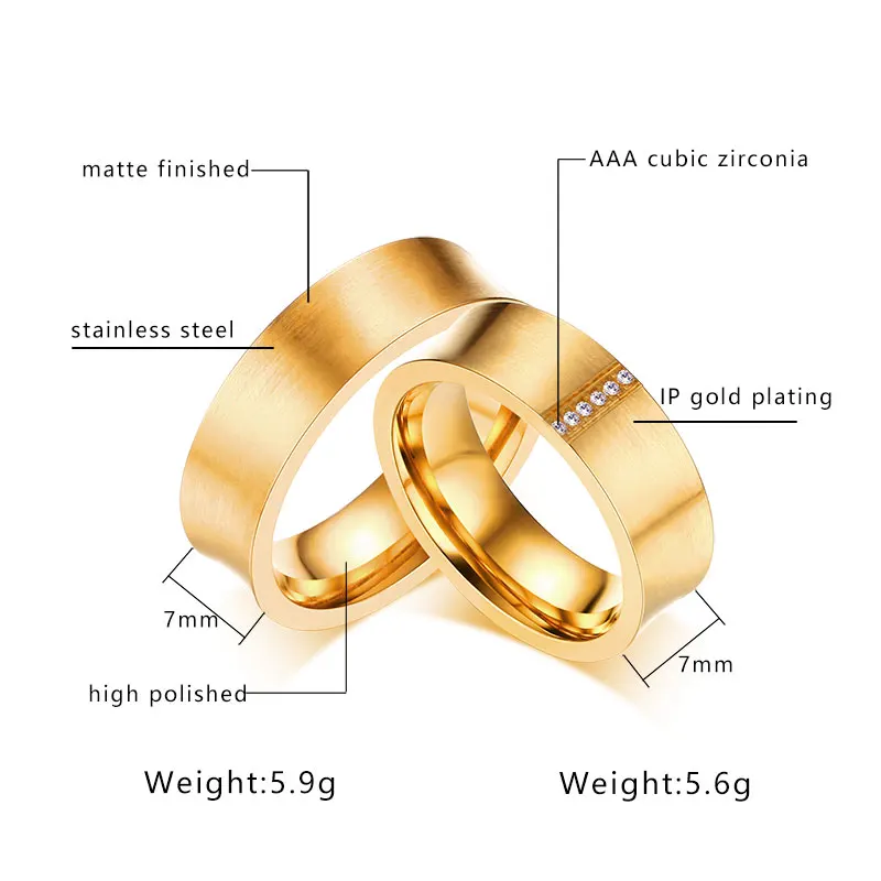 Золотистое кольцо с фианитом Anel De Casamento матовое обручальное из нержавеющей стали