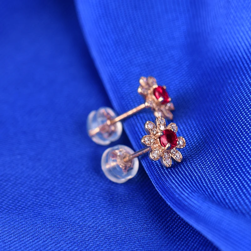 LOVERJEWELRY, трендовые серьги в цветочек, 18 К, розовое золото, подлинный красный рубин, бриллиант, свадебные серьги для женщин, юбилей, хорошее ювелирное изделие