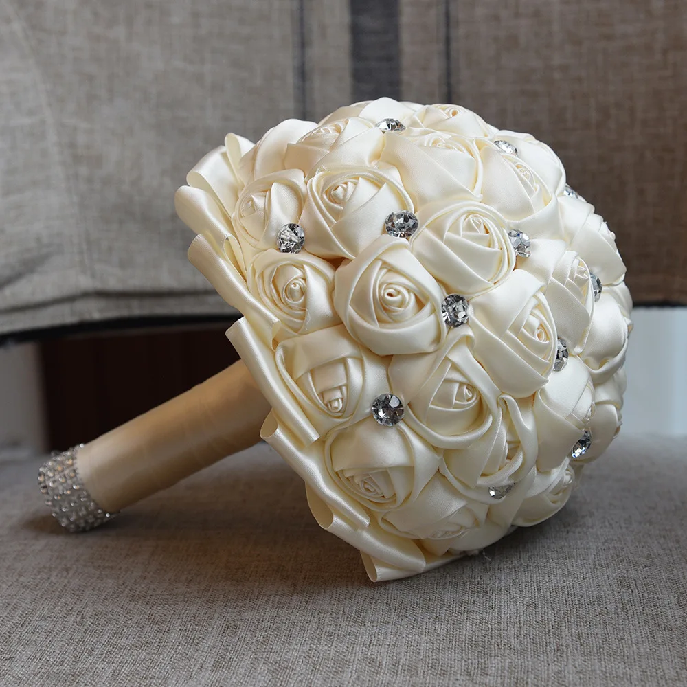 

JaneVini 2018 Simple Beaded Crystal Wedding Bouquet For Brides Beige Satin Roses Bridesmaid Brooch Bride Flower Handmade Custom