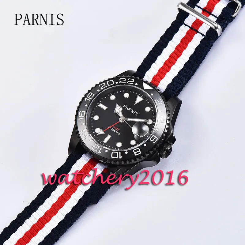 Повседневные мужские часы 40 мм Parnis черный циферблат сапфировое стекло PVD корпус