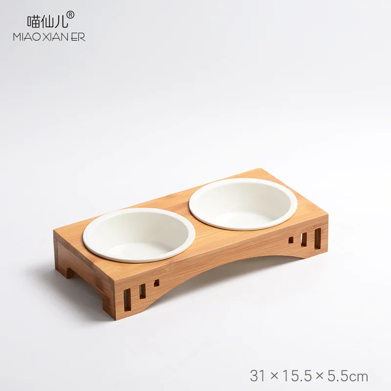 Собачья Миска из бамбука держатель кошка подачи Керамика собак двойной миски