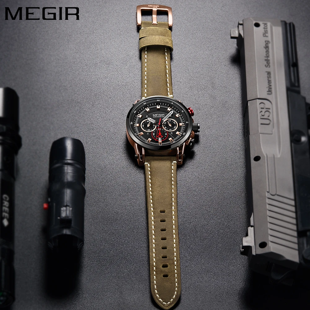 MEGIR Роскошные брендовые модные золотые часы для мужчин коричневый кожаный