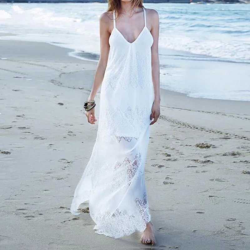 Летнее кружевное Хлопковое платье с открытой спиной и лямкой на шее в стиле бохо