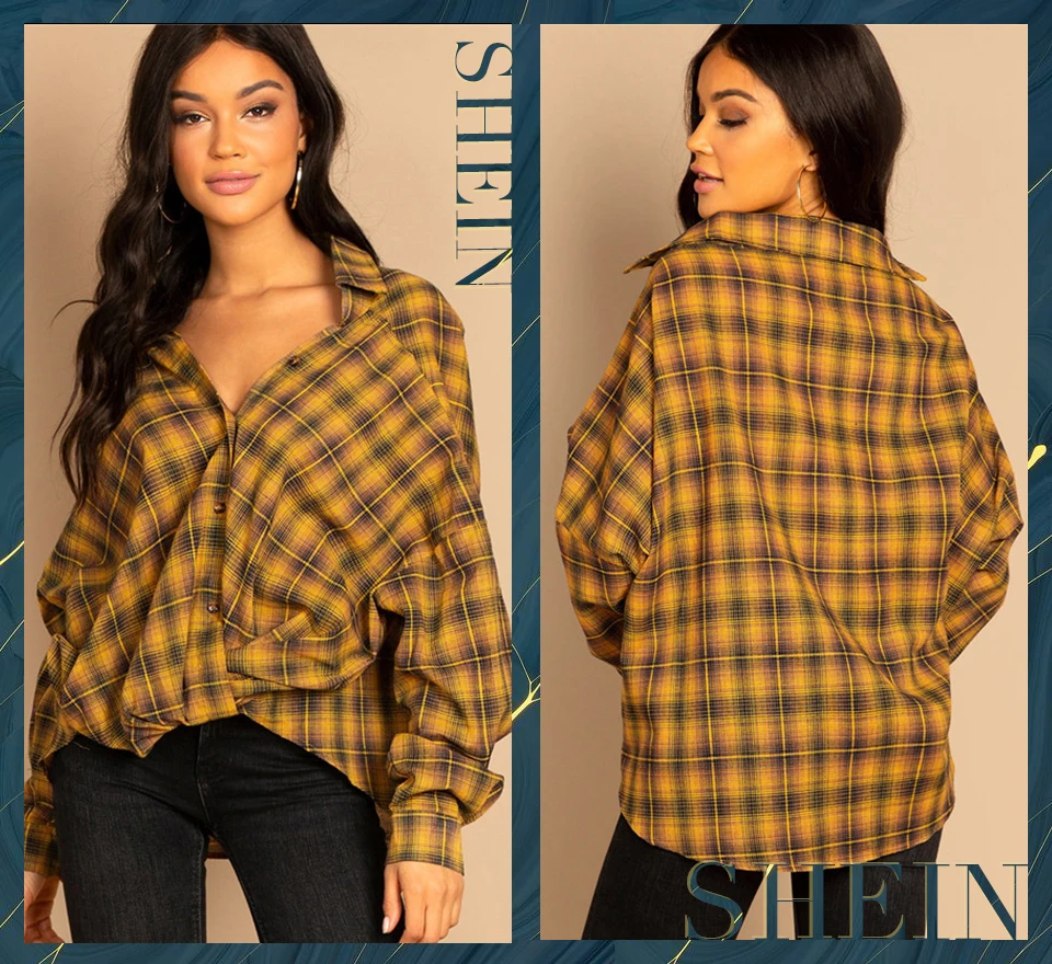 SHEIN Рубашка В Клетку С Заниженной Линией Плеч, Блузка Свободного Кроя С Длинным Рукавом С Принтом